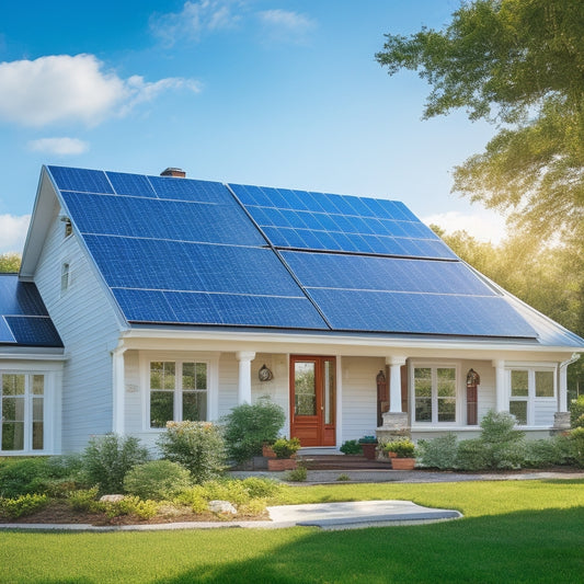 A serene suburban home with a mixture of traditional and modern solar panels installed on its roof, surrounded by lush greenery and a bright blue sky with a few puffy white clouds.