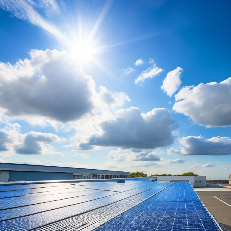 A bright blue sky with fluffy white clouds, a modern commercial building's rooftop with a sleek, silver solar panel installation, and a subtle sunburst in the top-left corner.