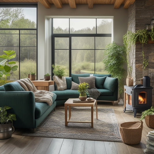 A cozy family living room with large windows showcasing a lush green landscape. A modern, sleek wood pellet stove radiates warmth, surrounded by potted plants and eco-friendly decor, emphasizing sustainability and comfort.