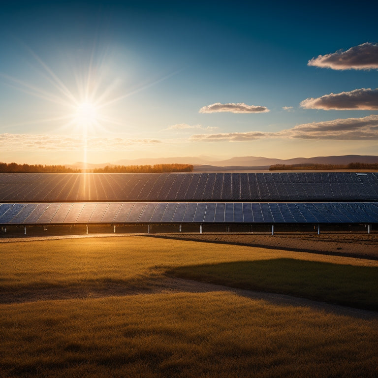 A serene landscape with a modern solar farm in the foreground, featuring rows of sleek, black photovoltaic panels angled towards a bright, sunny sky with a few wispy clouds.