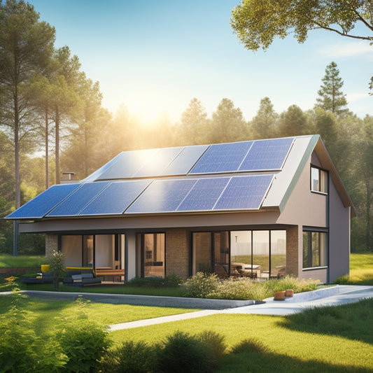 A modern home with sleek, eco-friendly solar panels on the roof, bathed in warm sunlight, surrounded by lush greenery and a clear blue sky; an electric meter showing energy savings in the foreground.