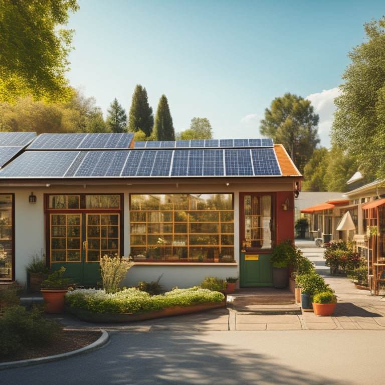 A bright, sunny day with a small business storefront in the foreground, adorned with solar panels on the roof, surrounded by lush greenery and a subtle, glowing aura.