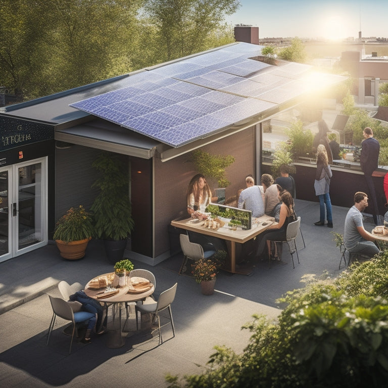 A small business rooftop adorned with solar panels, surrounded by greenery. A bright sun shines overhead, illuminating a bustling café below, with customers enjoying coffee and pastries, showcasing eco-friendly energy in action.