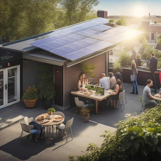 A small business rooftop adorned with solar panels, surrounded by greenery. A bright sun shines overhead, illuminating a bustling café below, with customers enjoying coffee and pastries, showcasing eco-friendly energy in action.