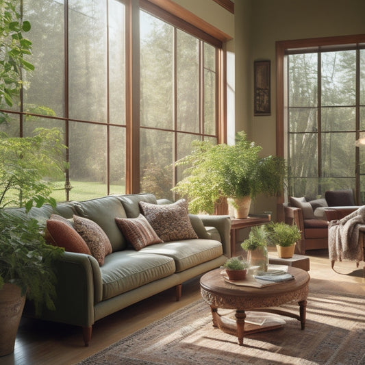 A sunlit home with large, energy-efficient windows, showcasing vibrant greenery outside. Inside, a cozy living room with warm, inviting decor and subtle reflections of sunlight, emphasizing comfort and sustainability.