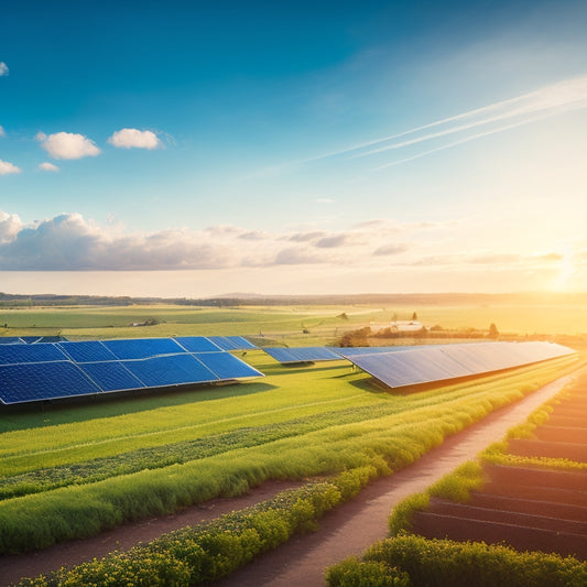 A sunlit landscape featuring futuristic solar panels integrated into rooftops and fields, vibrant green vegetation surrounding them, and a bright blue sky with fluffy clouds, symbolizing clean energy and technological innovation.