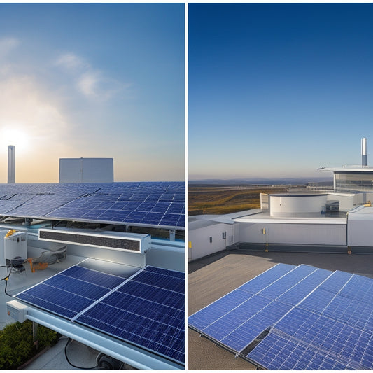 A split-screen image featuring a modern, sleek rooftop with solar panels installed on one side, and a futuristic, high-tech laboratory with various solar energy systems and gadgets on the other.