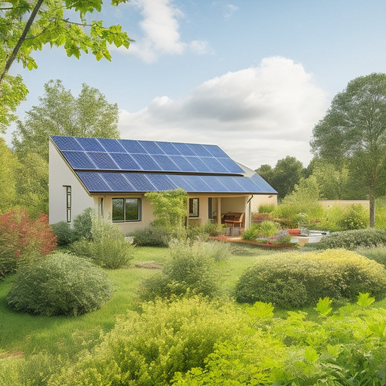 A serene eco-home surrounded by lush greenery, featuring solar panels on the roof, a wind turbine in the yard, a rainwater collection system, and vibrant vegetable gardens, all under a bright blue sky.