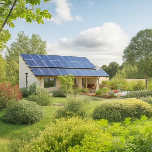 A serene eco-home surrounded by lush greenery, featuring solar panels on the roof, a wind turbine in the yard, a rainwater collection system, and vibrant vegetable gardens, all under a bright blue sky.