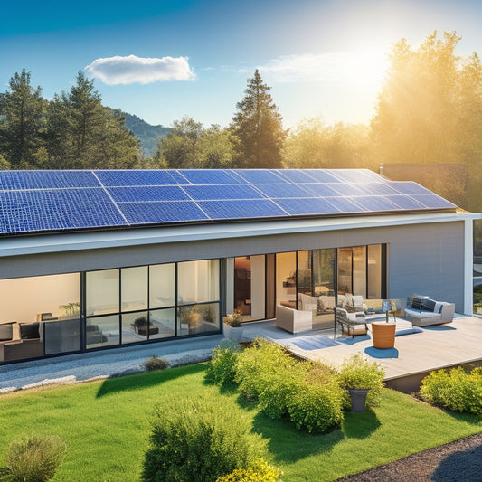 A modern home with a rooftop covered in sleek solar panels, bathed in bright sunlight, surrounded by lush greenery, with a clear blue sky in the background. Various solar panels and installation tools nearby.