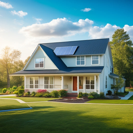 A serene suburban home with a mix of solar panels and traditional roofing, a toolbox and ladder on the lawn, and a subtle background of a sunny day with fluffy white clouds.