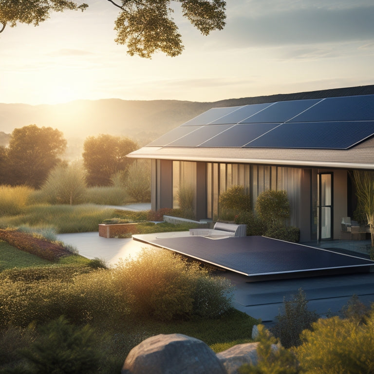 A serene, sun-drenched landscape featuring a rooftop with sleek, black solar panels, surrounded by lush greenery, with a faint misty atmosphere and a subtle, shimmering effect on the panels.