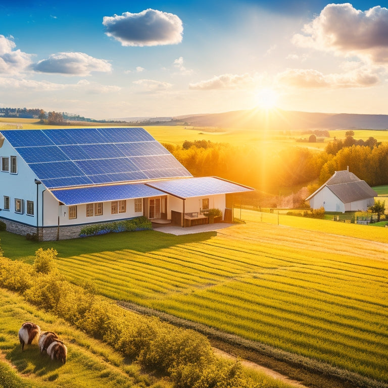 A serene rural landscape with solar panels glistening under the sun, surrounded by lush green fields and a quaint farmhouse. A vibrant blue sky with fluffy clouds enhances the scene of sustainable energy.