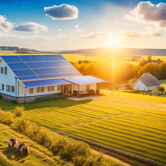 A serene rural landscape with solar panels glistening under the sun, surrounded by lush green fields and a quaint farmhouse. A vibrant blue sky with fluffy clouds enhances the scene of sustainable energy.