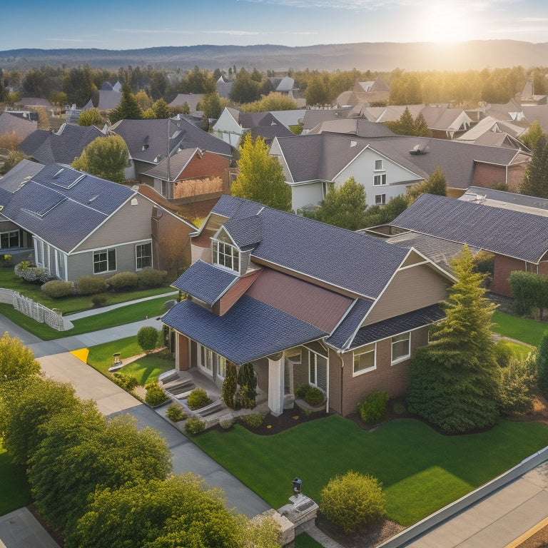 Aerial view of a suburban neighborhood with varied residential rooftops, showcasing a mix of modern and traditional architecture, covered with sleek, black solar panels at different angles and sizes.