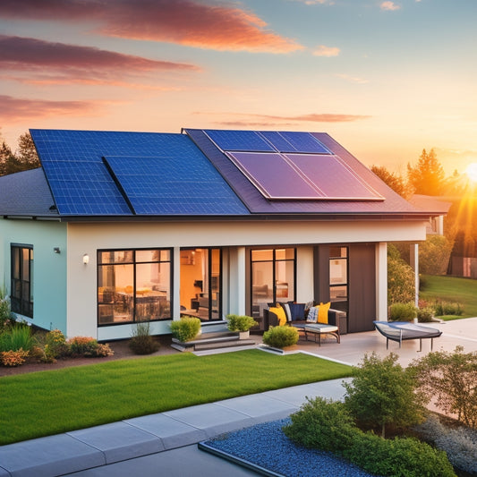 A modern suburban home with a rooftop covered in sleek solar panels; nearby, an electrician installs additional panels and a digital display shows energy production. The sun shines brightly, casting vibrant light on the scene.