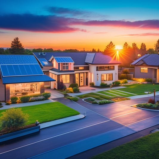 A futuristic, sunset-lit suburban street with 10 diverse residential homes, each featuring a unique solar panel installation, showcasing different designs, angles, and roofing styles.