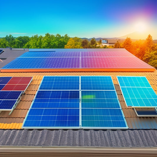 An illustration of a solar panel installation on a residential rooftop, with 7 distinct sections highlighted in different colors, each containing a corresponding icon (e.g., dollar sign, hammer, etc.)