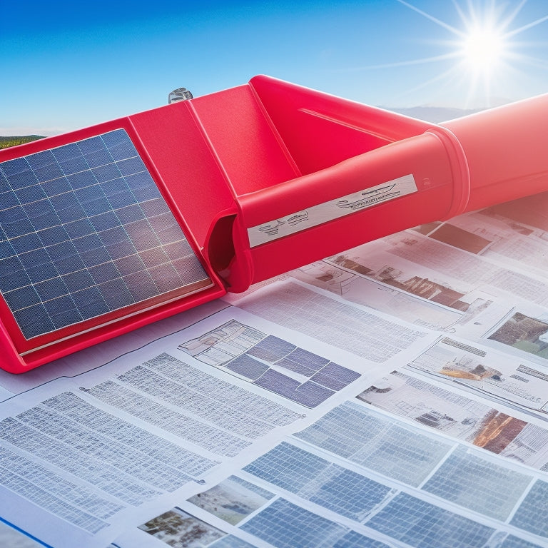 An illustration of a solar panel installation with a red "claim" stamp overlaid on top, surrounded by magnifying glasses and papers with checkmarks, set against a sunny blue sky background.