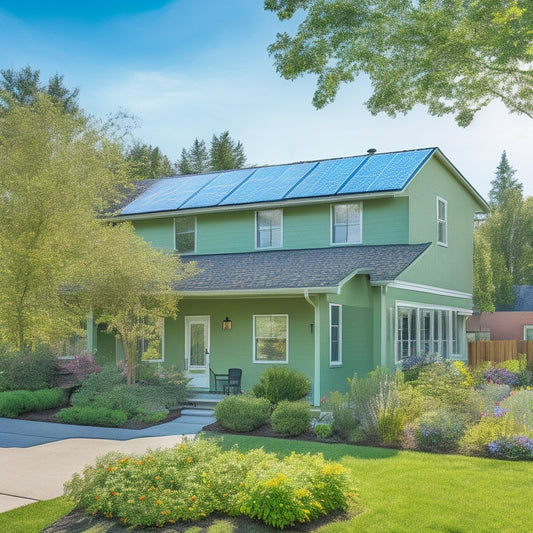 A sunny suburban neighborhood showcasing modern green homes with solar panels on rooftops, surrounded by lush gardens, vibrant flowers, and energy-efficient appliances visible through large windows, embodying sustainability and eco-friendly living.