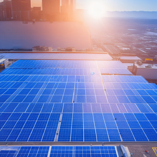 Aerial view of a commercial building's rooftop with multiple solar panels installed, with a few workers in vests and hard hats walking around, surrounded by cityscape and clear blue sky.