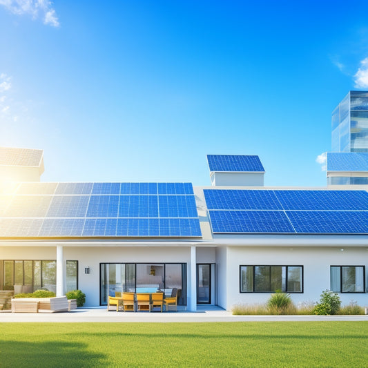 An illustration of a modern home and adjacent commercial building, both with installed PV panels, surrounded by icons of money, charts, and graphs, set against a bright blue sky with fluffy white clouds.