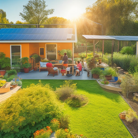 A sunlit backyard with various DIY solar panels on rooftops, a vibrant vegetable garden, a solar water heater on the patio, and family members engaging in projects, surrounded by greenery and blue skies.