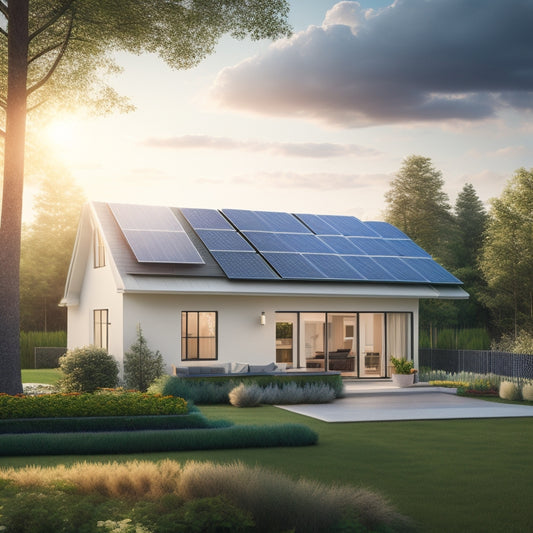 A serene suburban home with a sleek, modern solar panel array on the roof, surrounded by lush greenery, with a subtle sunshine glow and a few fluffy white clouds in the sky.