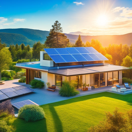 A vibrant landscape featuring a modern home with solar panels on the roof, surrounded by lush greenery and a clear blue sky, with the sun shining brightly, symbolizing energy independence and sustainability.