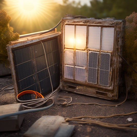 A worn, rusty solar panel with cracked glass and loose connections, surrounded by tangled wires and a malfunctioning battery bank with flashing error lights in the background.