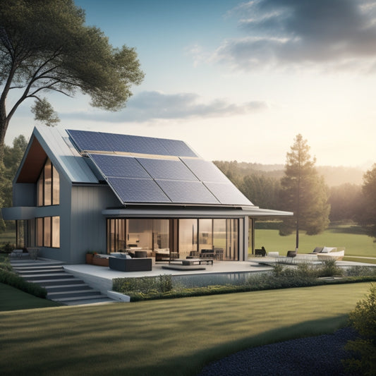 A serene landscape with a modern home in the background, featuring a mix of rectangular and triangular solar panels on the roof, with a few panels slightly angled and others flat.