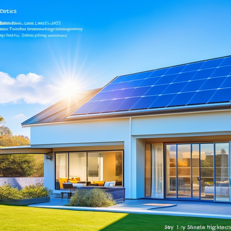 A modern home with a rooftop covered in different types of solar panels under bright sunlight, with a comparison chart in the background showing varying efficiency ratings, all set against a clear blue sky.