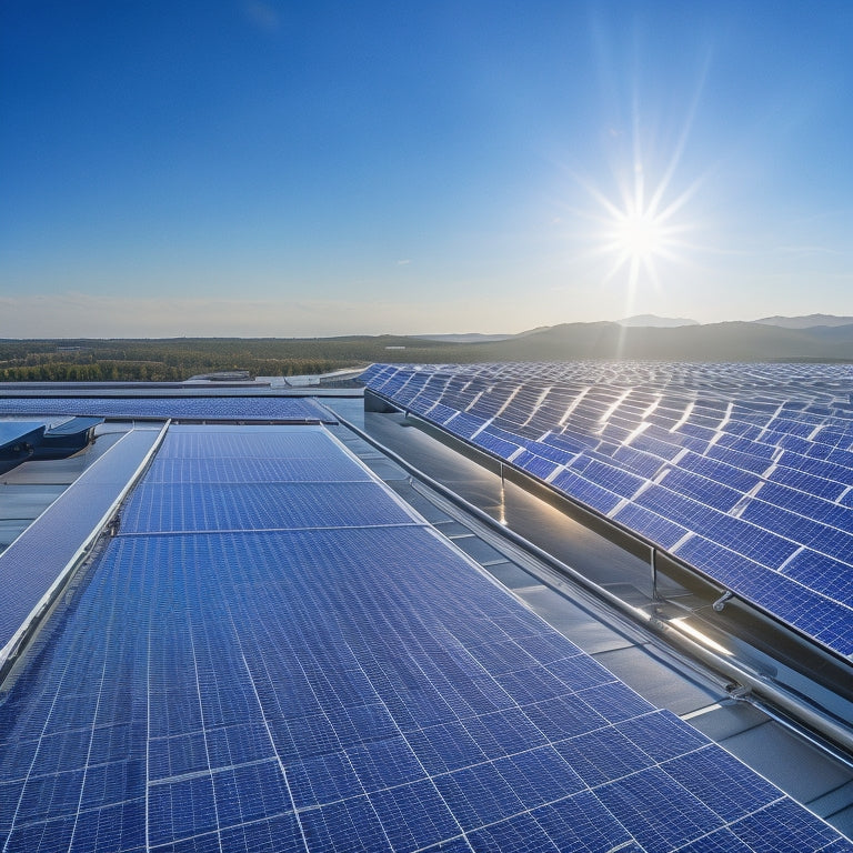 High-tech solar panels glistening under bright sunlight on a sleek, modern commercial rooftop; background of a clear blue sky with a few fluffy clouds, reflecting the innovation and efficiency of cutting-edge solar technology.