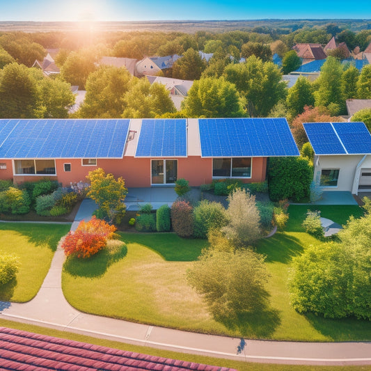 An aerial view of a suburban neighborhood with gleaming solar panels on rooftops, surrounded by lush green trees and vibrant gardens, under a bright blue sky with a sun symbolizing renewable energy and sustainability.