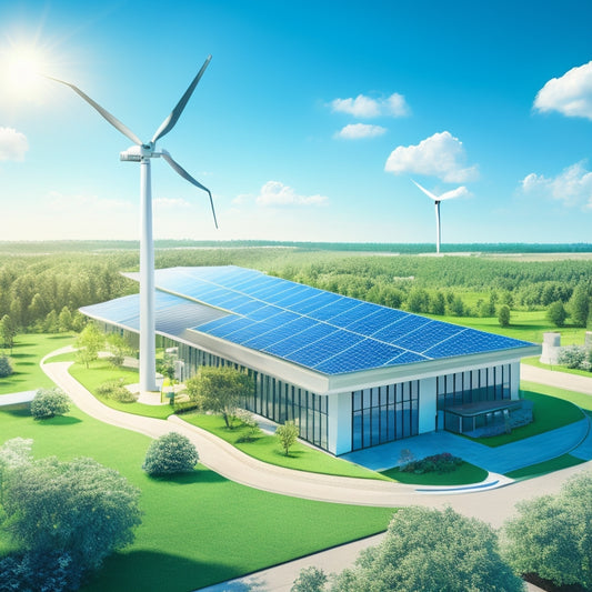 A stylized illustration of a commercial building with solar panels, green roofs, and wind turbines, surrounded by lush greenery and a bright blue sky with fluffy white clouds.