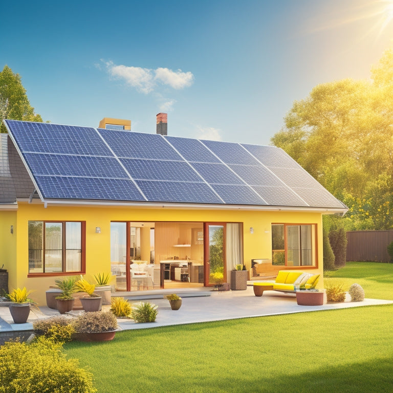 An illustration depicting a modern home with solar panels on the roof, a sun shining down, and a flow of bright yellow energy lines connecting the panels to a battery and then to a happy family inside the house.