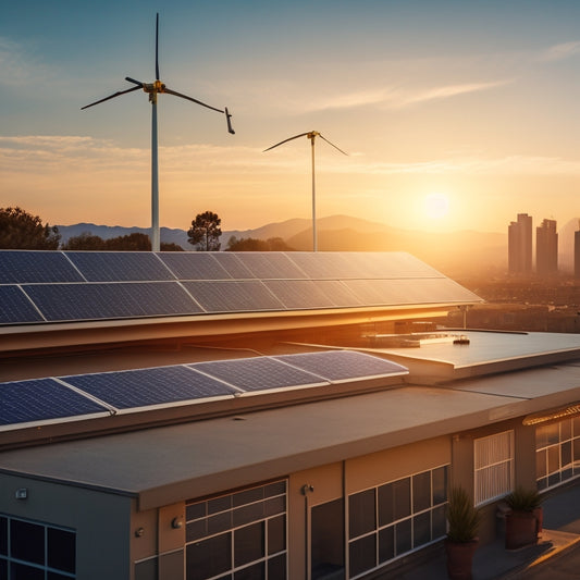 A sunny California landscape with a commercial building in the foreground, solar panels installed on its rooftop, surrounded by a subtle glow, with a faint dollar sign pattern in the sky.