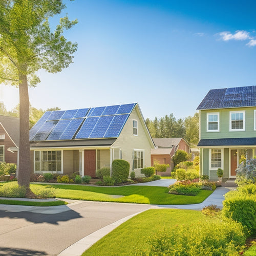 A picturesque neighborhood with various homes, each fitted with different solar panel designs. Bright sunlight casts vibrant reflections on the panels, while a backdrop of lush greenery and blue skies enhances the scene.