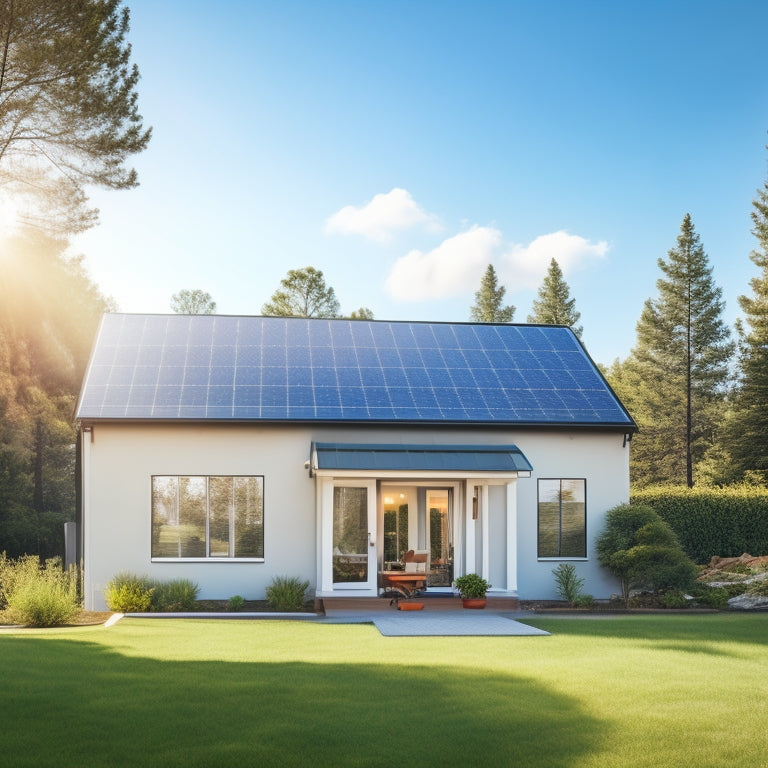 A serene suburban home with a sleek, modern solar panel array on its rooftop, surrounded by lush greenery and a bright blue sky with a few puffy white clouds.