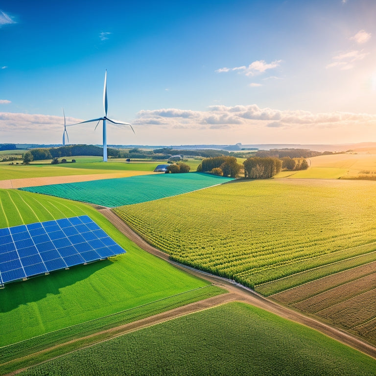 A vibrant farm landscape featuring solar panels integrated into crop fields, wind turbines on rolling hills, and innovative irrigation systems powered by clean energy, all under a bright blue sky with fluffy clouds.