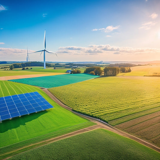 A vibrant farm landscape featuring solar panels integrated into crop fields, wind turbines on rolling hills, and innovative irrigation systems powered by clean energy, all under a bright blue sky with fluffy clouds.