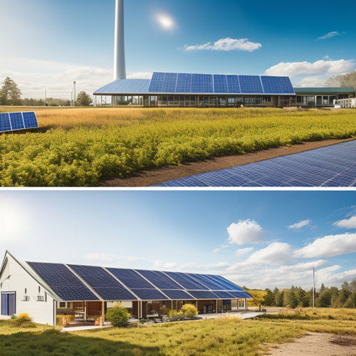 A vibrant eco-friendly business setting featuring solar panels on a rustic building, lush greenery surrounding, a small wind turbine, and employees engaging in sustainable practices, all under a bright blue sky with fluffy clouds.