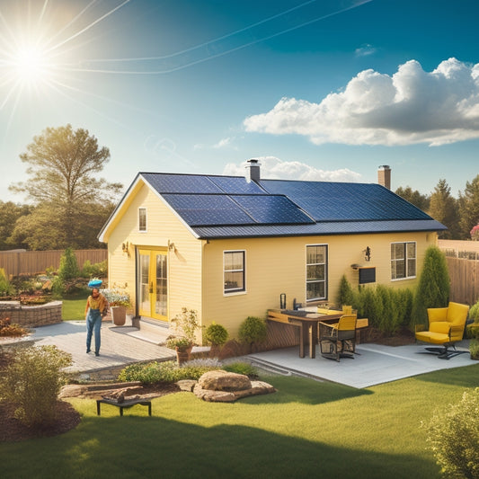 A serene backyard with a single-story house, a ladder leaning against the roof, and a few solar panels already installed, with a person in a yellow hard hat and tools nearby, amidst a sunny day with fluffy white clouds.