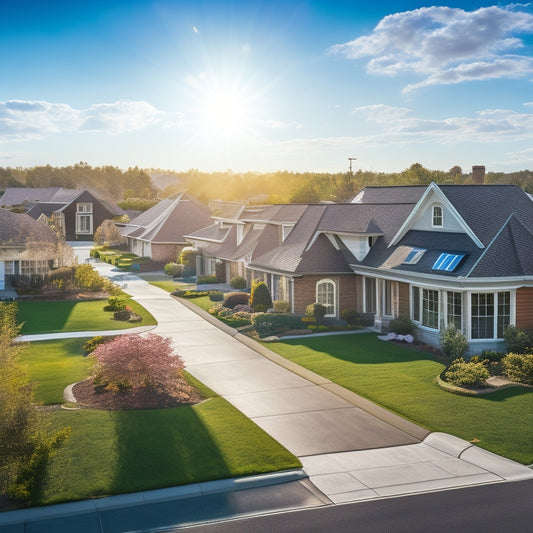 A serene suburban neighborhood with three prominent houses, each featuring a distinct solar panel design, set against a bright blue sky with fluffy white clouds and a subtle sun in the background.