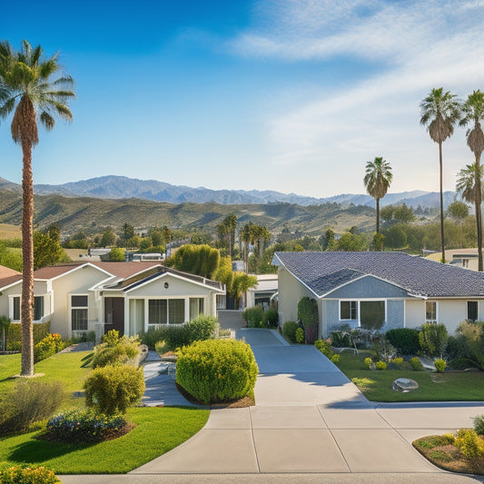 A sunny California neighborhood with modern houses, some with solar panels on rooftops, surrounded by lush green lawns and palm trees, with a backdrop of rolling hills and a clear blue sky.