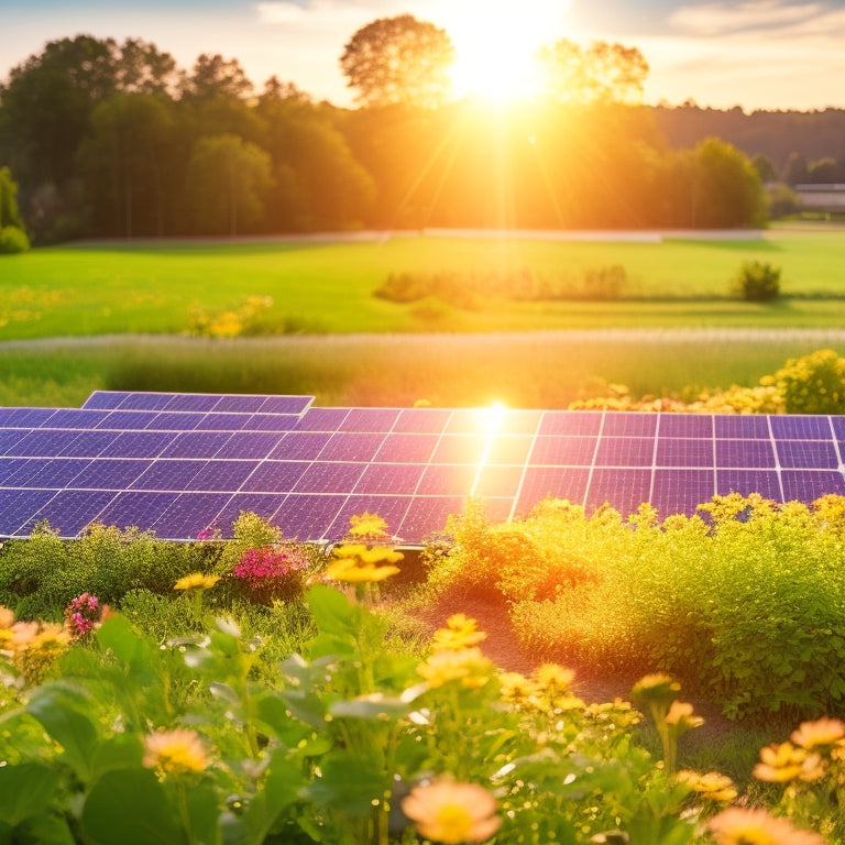 A bright sun illuminating a lush green landscape with solar panels glistening on rooftops, surrounded by blooming flowers and trees, showcasing a harmonious blend of technology and nature for sustainable living.