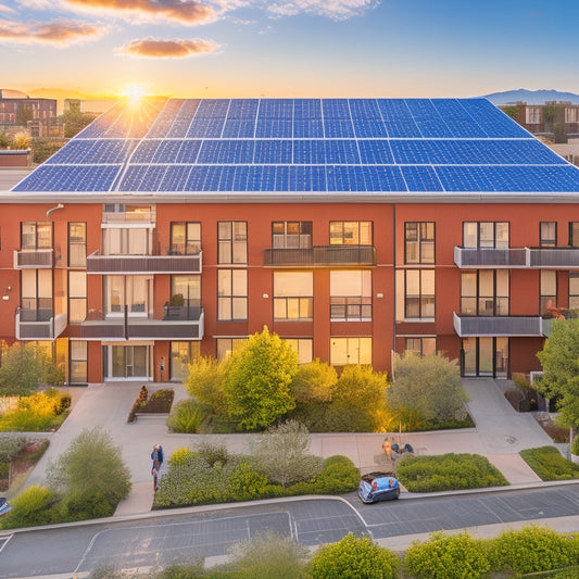 A vibrant urban apartment complex with solar panels on rooftops, diverse residents engaging in community activities, green spaces, and a bright sun illuminating the scene, symbolizing sustainability and collaboration.