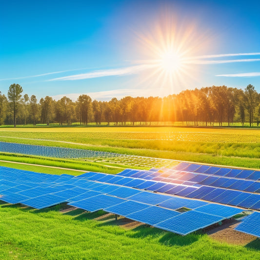 A vibrant solar farm under a clear blue sky, with gleaming solar panels reflecting sunlight, surrounded by green fields and trees. In the foreground, stacks of coins symbolize financial incentives, while a sunburst radiates warmth.