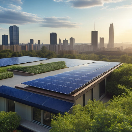 A serene, sun-drenched rooftop with a series of sleek, black solar panels installed at an angle, surrounded by lush greenery and a subtle cityscape in the background.