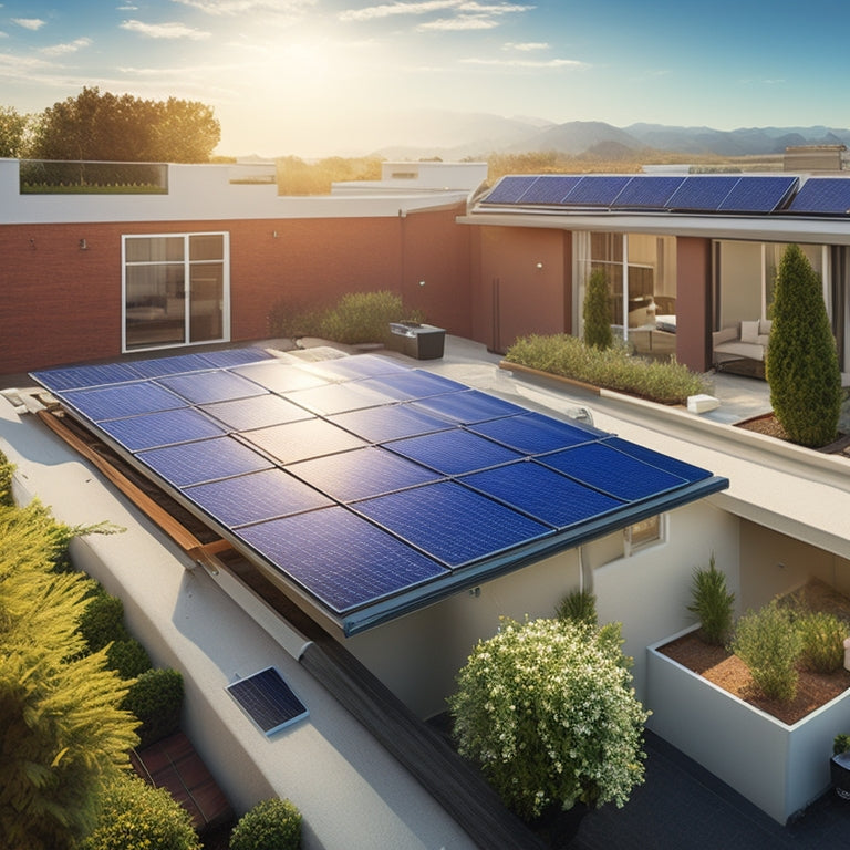 A serene residential rooftop with five distinct sections, each featuring a different stage of solar panel installation, from empty roof to fully operational system with a subtle sun shining down.